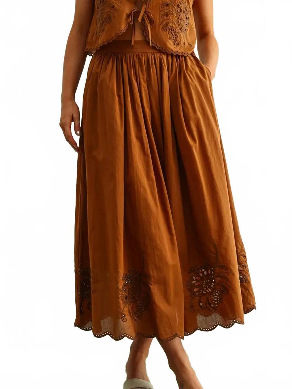 NEW MIOU MUSE embroidery bottom long full maxi skirt in brown